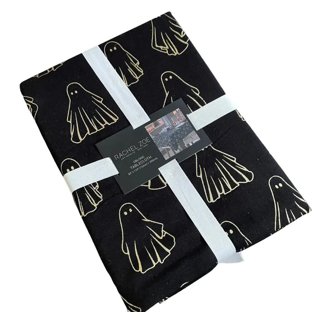 Rachel Zoe HALLOWEEN GHOST Tablecloth 60x120 Oblong Cotton Black & Gold NEW